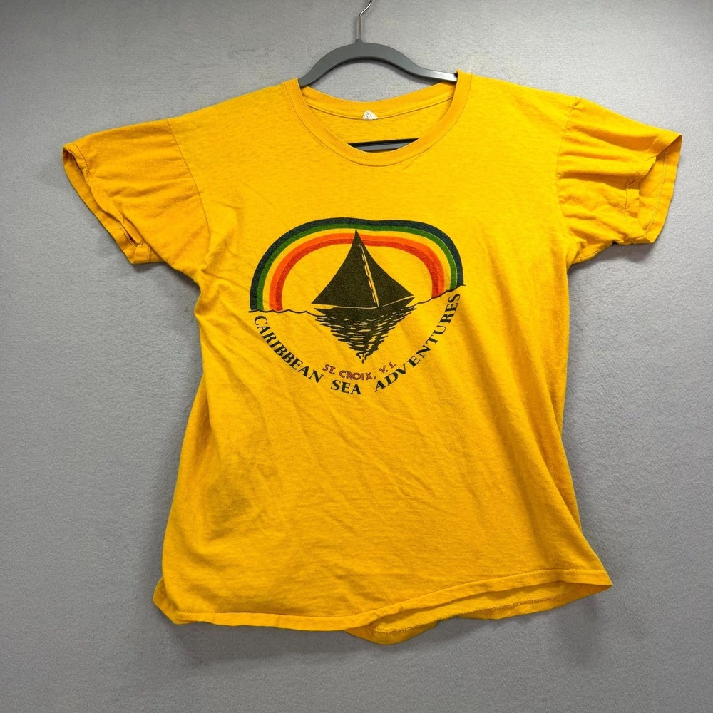 Vintage St. Croix T-Shirt Womens Yellow Caribbean Sea Adventures 70s 80s Grunge